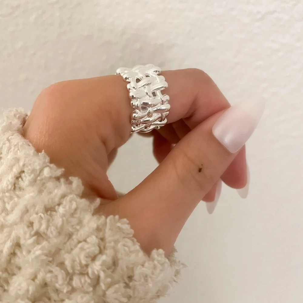 925 Sterling Silver Chunky Bold Statement Ring Thick Wide Ring Woven Ring Band - Picture 6 of 9